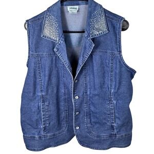 Distinct Womens Blue Denim Rhinestone Embellished Vest Button  Size L Vintage